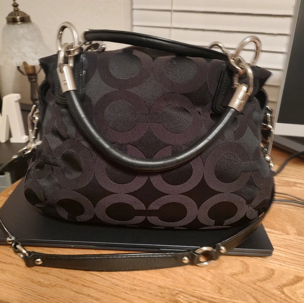 Coach Kristin OP Art Satchel In Black Signature C Canvas With Leather Trim
